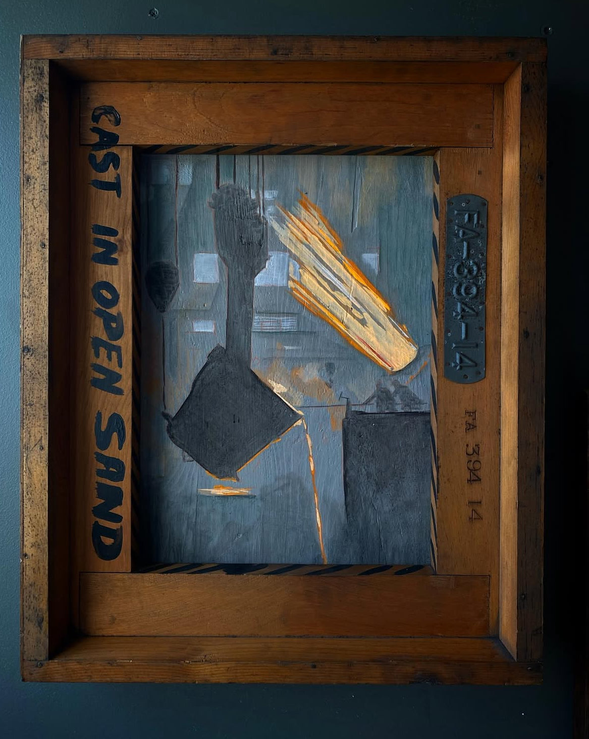 Mill Interior w/ Blow Off Salvaged Wood Panel Painting with Pattern Frame 22 x 18 inches