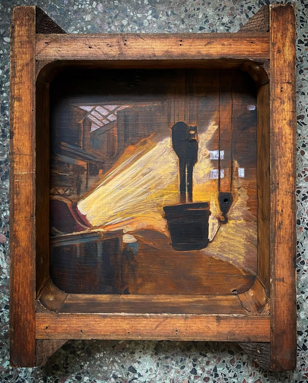 Mill Interior Ladle & Blow Off on Salvaged Wood Panel Painting with Pattern Frame 16 x 13 inches