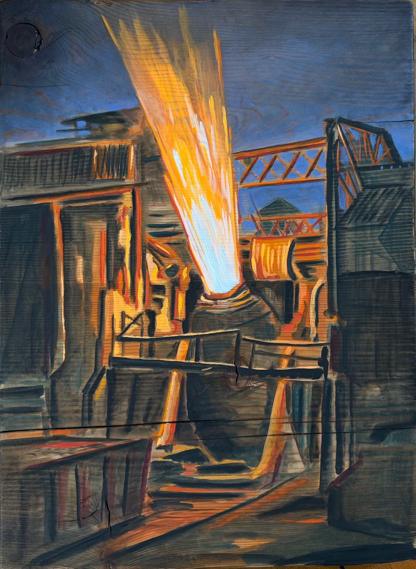 Bessemer Nocturne on Salvaged Wood Panel Painting