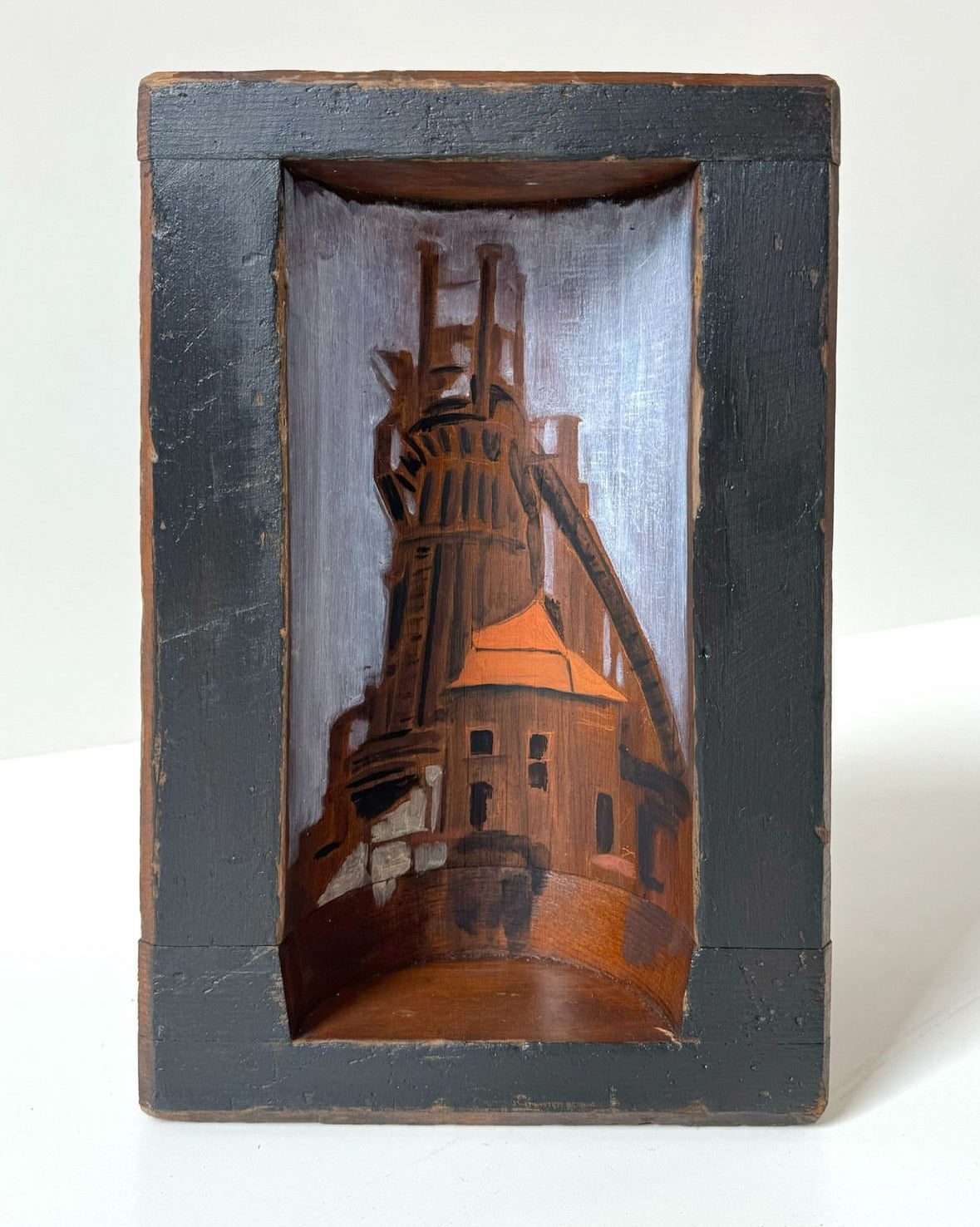 Carrie Furnace No.2 oil and pigment on salvaged wooden core box 11.5h x 7.5w x 5d inches