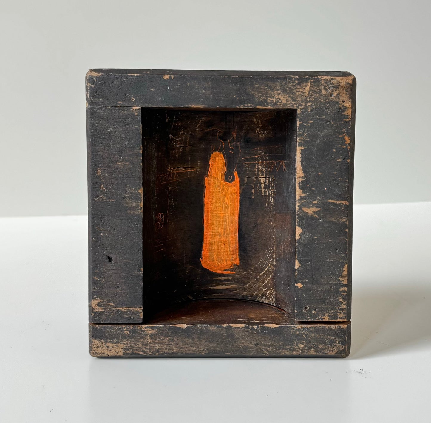 Hot Ingot     oil and pigment on salvaged wooden core box    8h x 7w x 3d inches