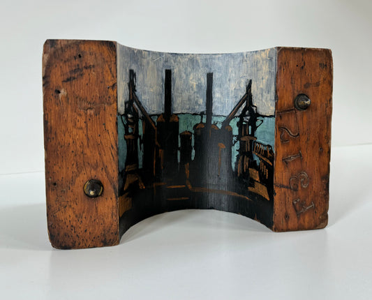 Carrie Furnaces No3 & No 4    oil and pigment on salvaged wooden core box  10x7x5 inches by Cory Bonnet