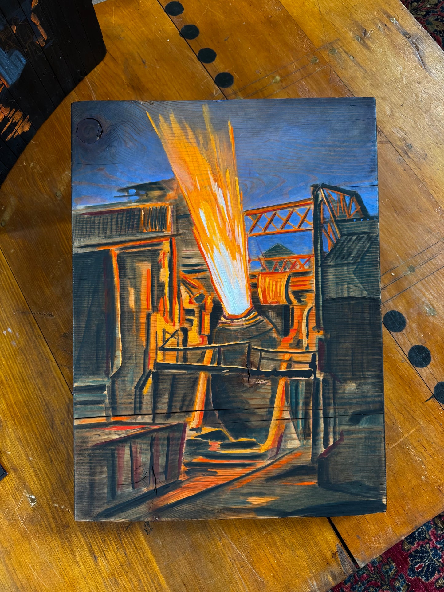Bessemer Nocturne on Salvaged Wood Panel Painting