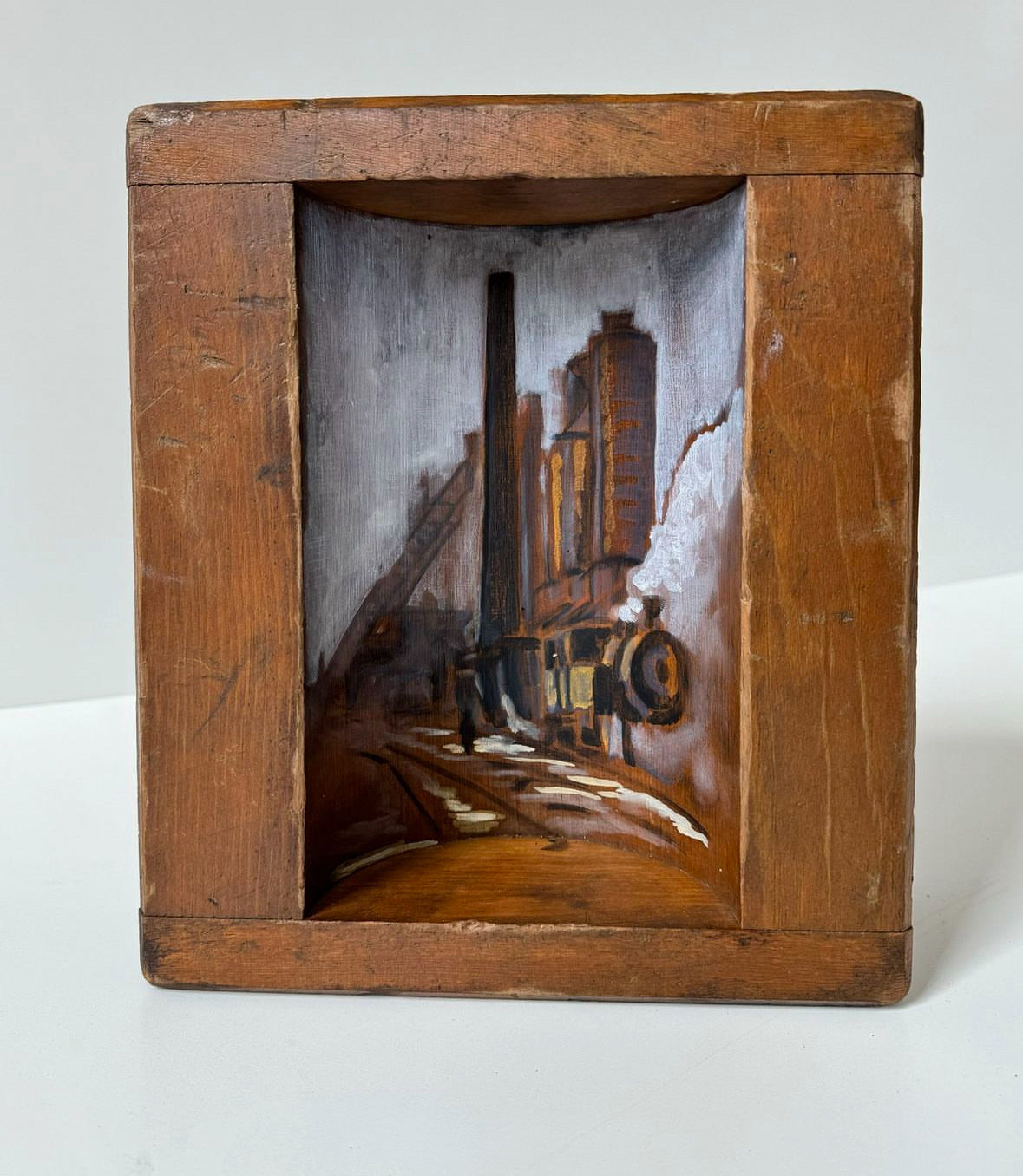 Slag Train oil and pigment on salvaged wooden core box  11h x 9w x 4d inches by Cory Bonnet